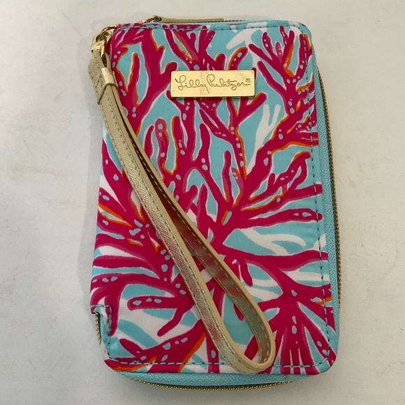 Lily Pulitzer Tiki Palm Design Wristlet Wallet Phone Case Pink Blue Zip Close - Picture 6 of 16